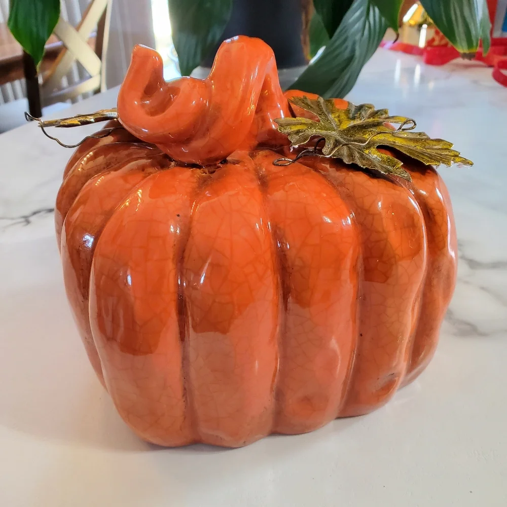 Ceramic Pumpkin with metal leaves